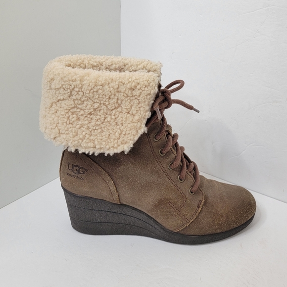 UGG Zea Brown Leather Shearling Lined Lace Up Wedge Combat Cuff Boots 7 1003360 - Picture 7 of 12
